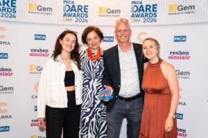 Four people smile at awards ceremony